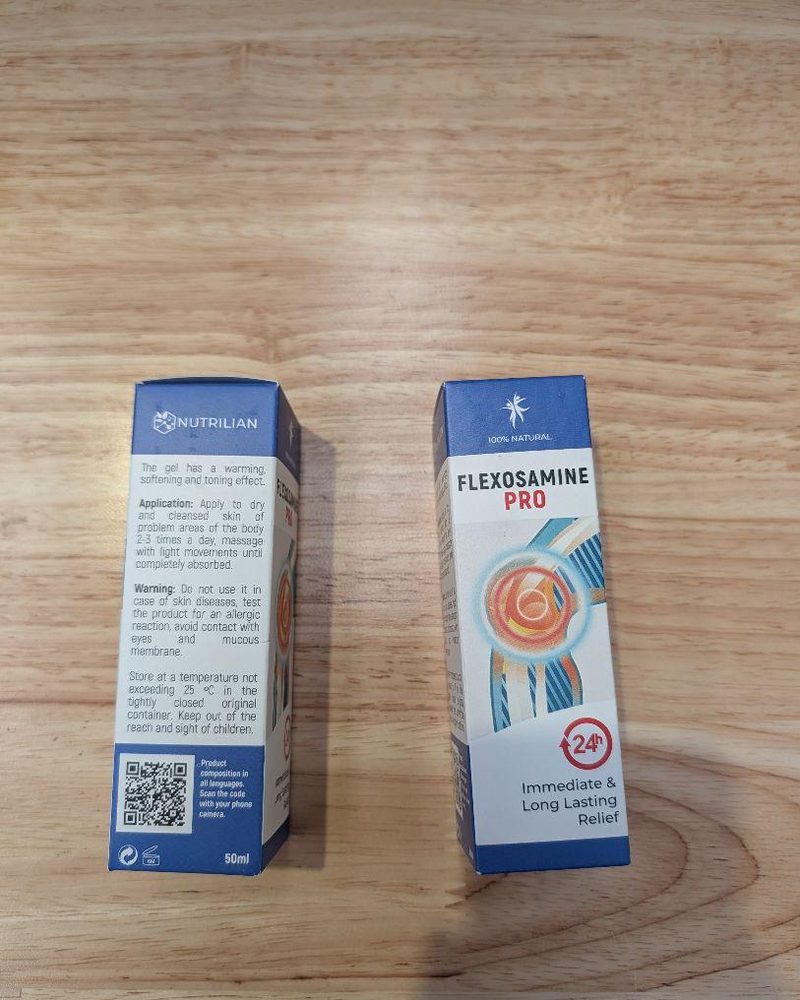 Flexosamine PRO – blaue Faltschachtel mit 50-ml-Pumpflasche